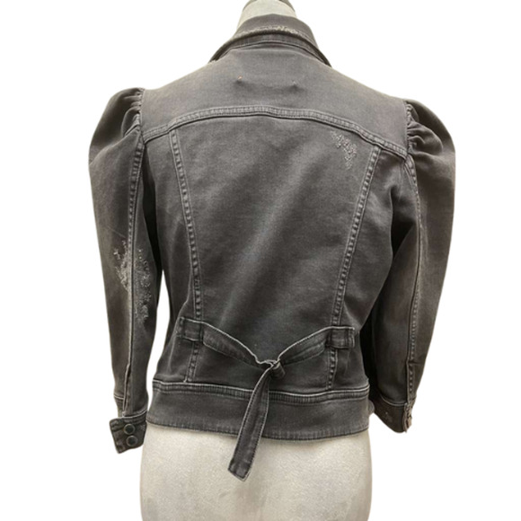 Retrofete Ada Black Denim Jacket Medium Puff Sleeve Distressed Acid Wash Crop - Picture 5 of 16